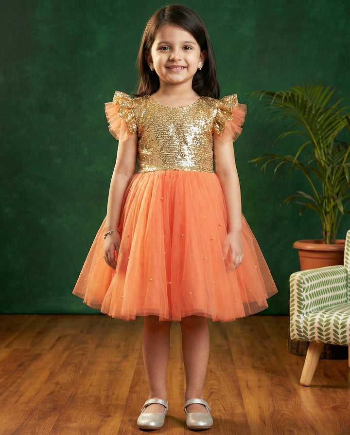 Coral shade golden sequins baby girl birthday dress, designer party wear frock, baby girl birthday outfit, kids party dress
