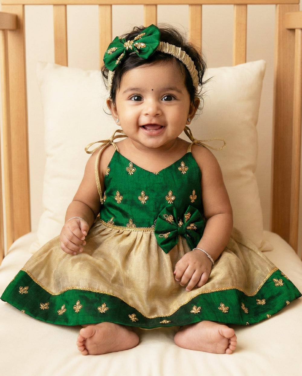 Baby girls birthday dress – bottle green cotton Kettuduppu frock with copper gold detailing