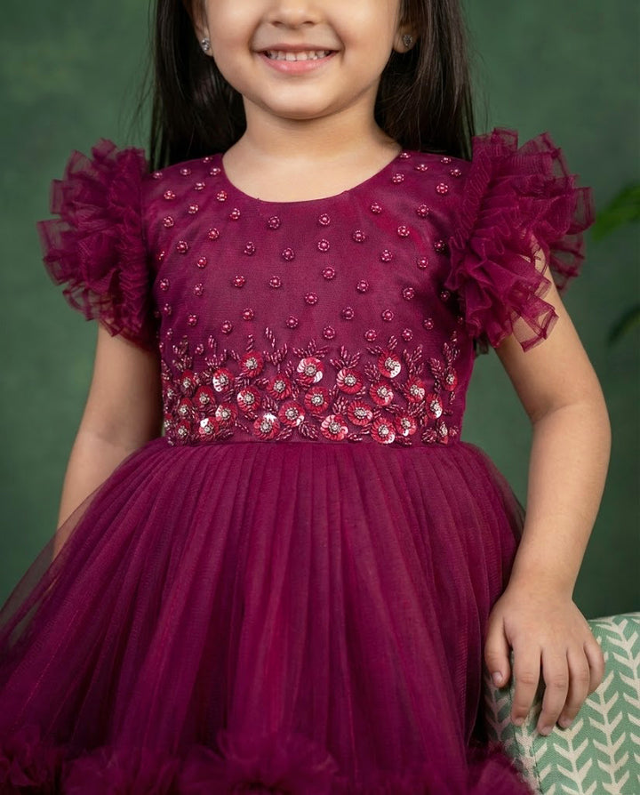 Grapevine Shade Baby Girls Birthday Dress, Heavy Handwork Party Wear Frock, Elegant Kids Outfit