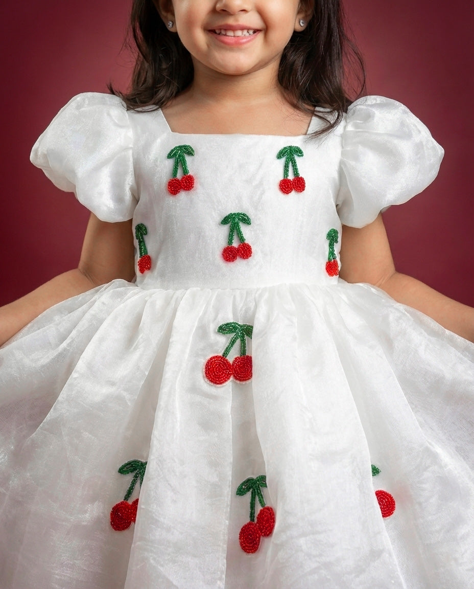 White organza cherry embroidered baby girls birthday dress, elegant partywear frock for kids, premium designer dress, Stanwells Kids