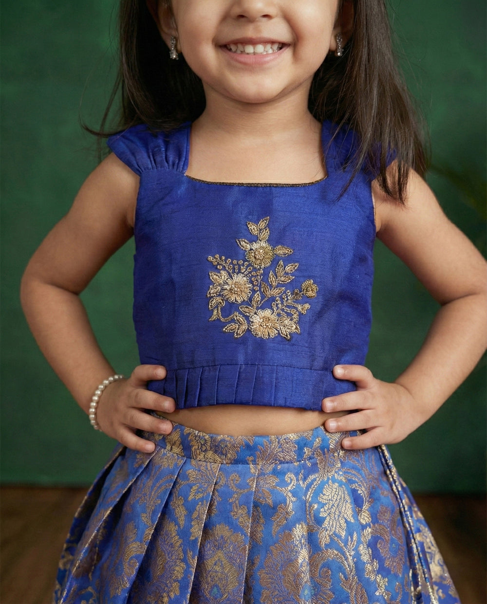 Baby girls royal blue silk Banarasi handwork lehenga choli birthday dress