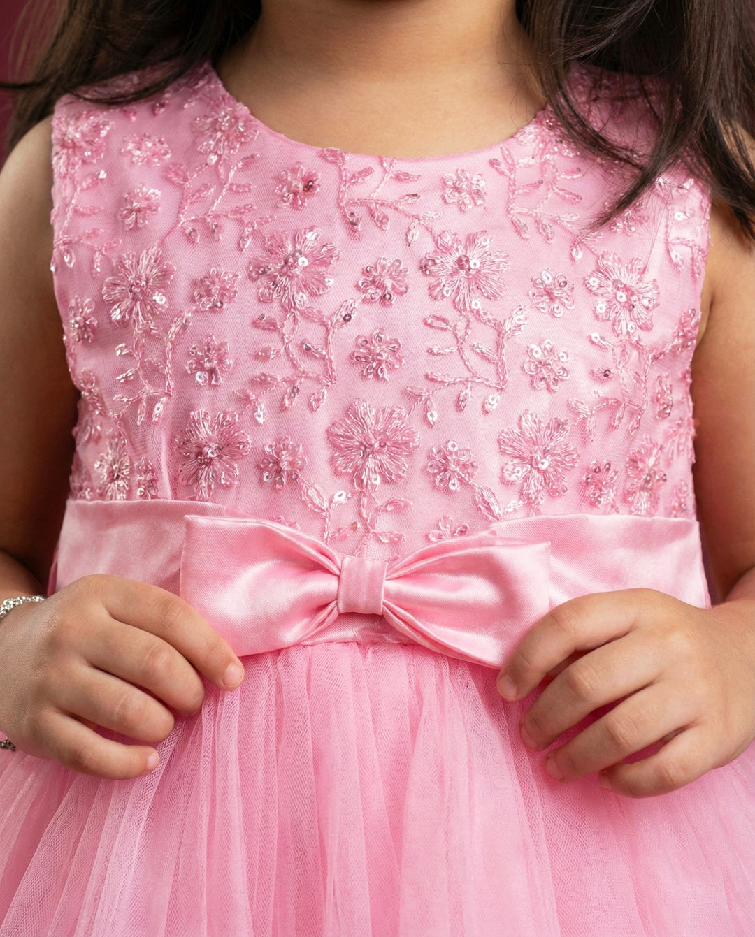 Baby Pink Designer Layered Frock
Fabric: Babypink mono net with premium same colour threadwork detailing on the yoke portion  Beautifully designed outfit for Baby girls with smooth lining for comfo