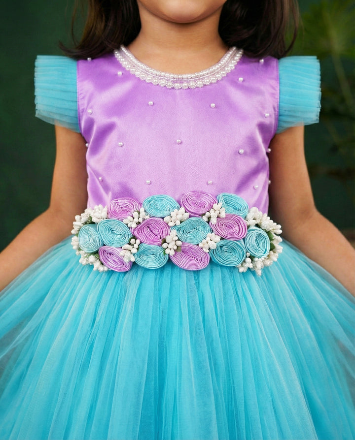 Sky blue lavender baby girls birthday dress, flower gown, designer full-length partywear, kids birthday outfit, Stanwells Kids