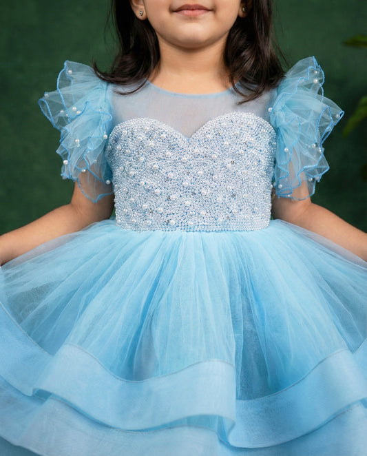 Pearl blue premium step frock side view baby girl – Stanwells Kids