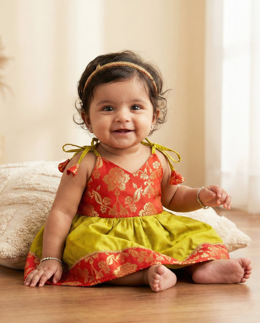 Green & Red Shade New Born Baby Silk Frock for Naming Ceremony Frock