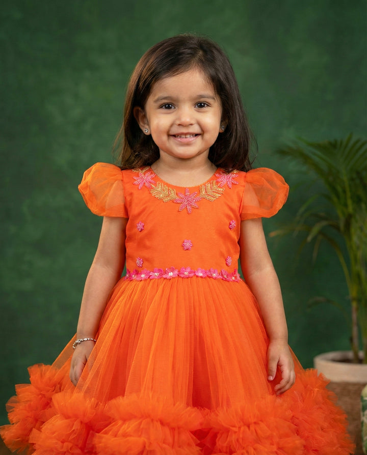 Orange Shade Handwork Ruffle Frock – Perfect Party &amp; Birthday Dress for Baby Girls by Stanwells Kids