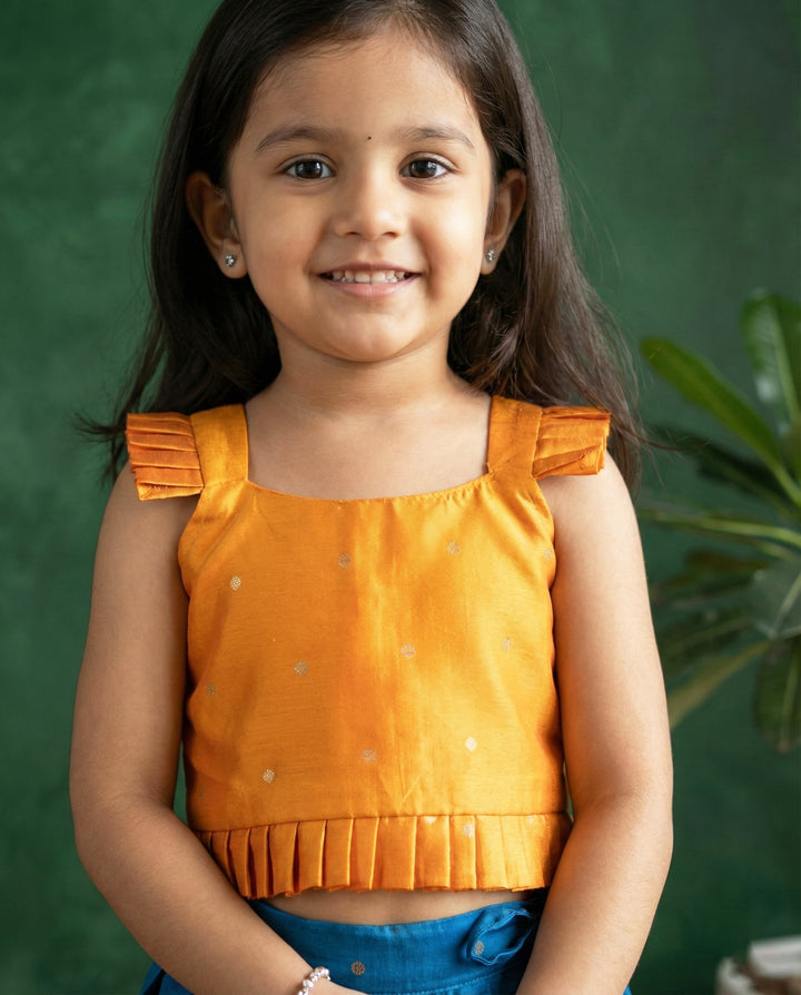 Teal Blue &amp; Mango Yellow Silk Butti Lehenga Choli – Traditional Festive Wear – photo 3 – Stanwells Kids