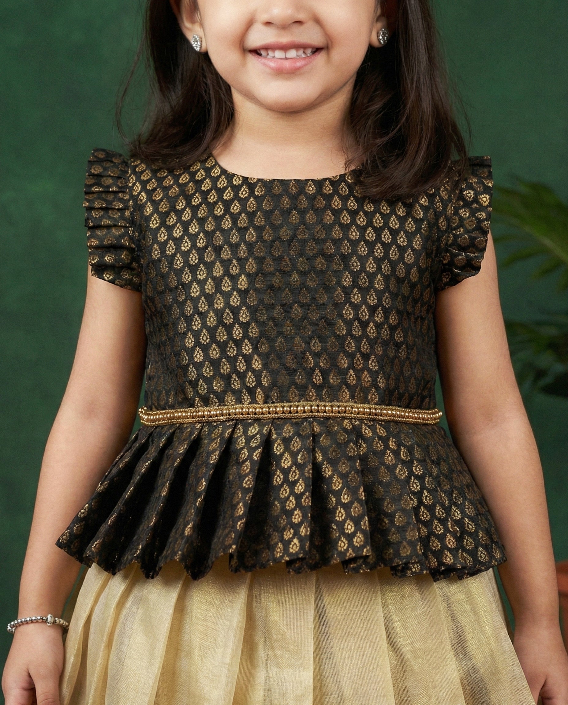 Kerala Kasavu Baby Girls Lehenga | Black Brocade Traditional Set