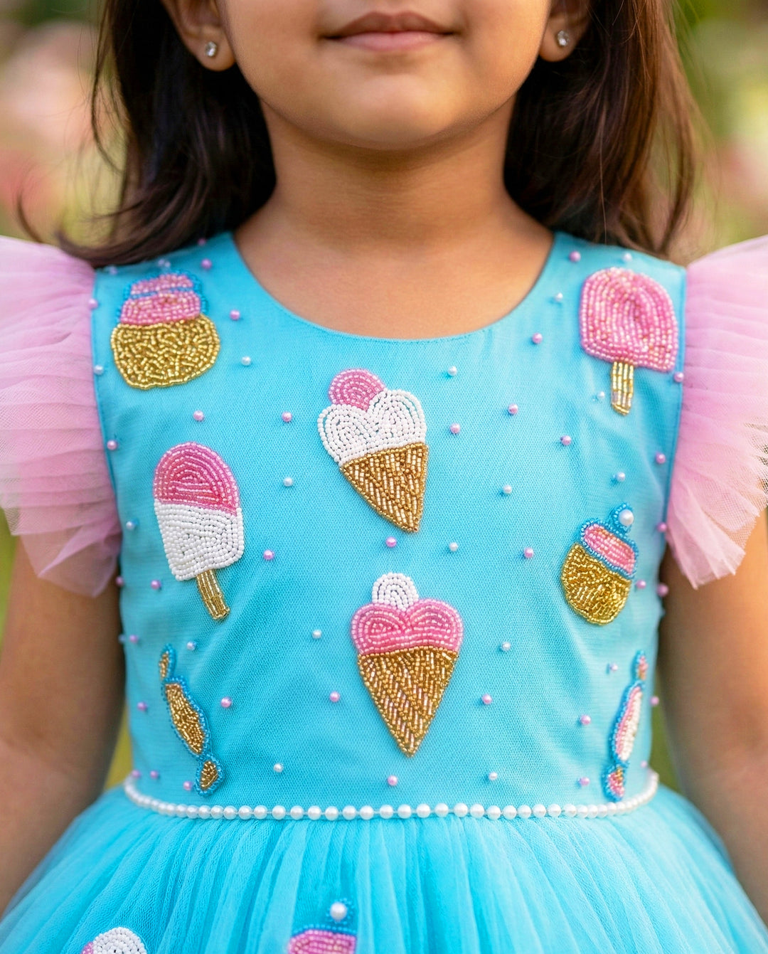 Sky Blue &amp; Baby Pink Candy Theme Birthday Frock – Handwork Appliqué Party Dress for Baby Girls by Stanwells Kids