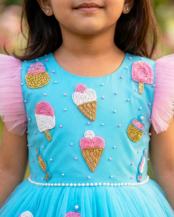 Sky Blue &amp; Baby Pink Candy Theme Birthday Frock – Handwork Appliqué Party Dress for Baby Girls by Stanwells Kids