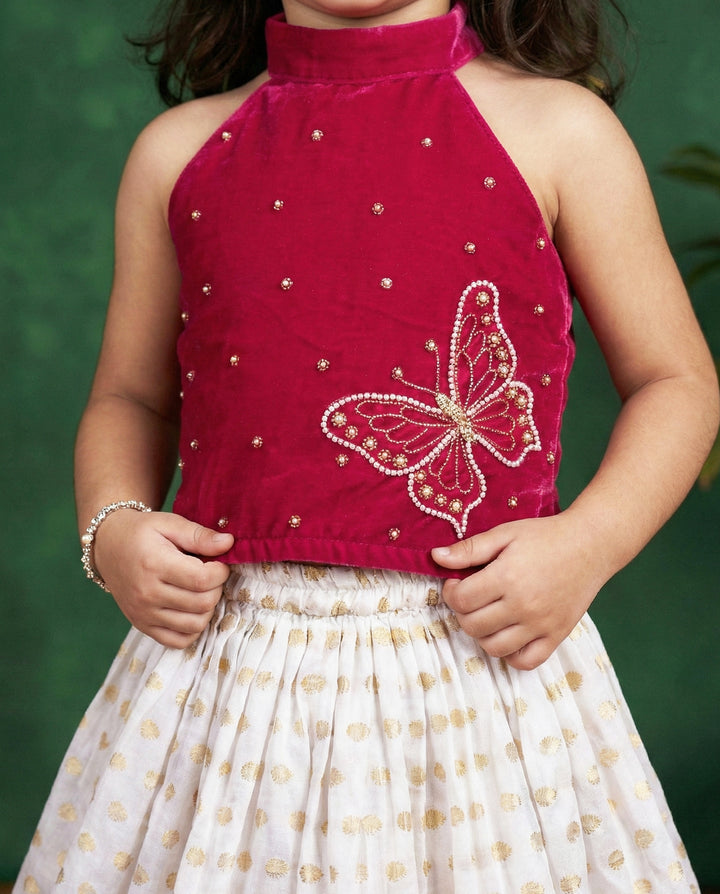 Cream rani pink kasavu butterfly lehenga choli front view – Stanwells Kids