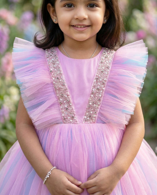 Baby pink sky blue handwork yoke birthday frock front view – Stanwells Kids