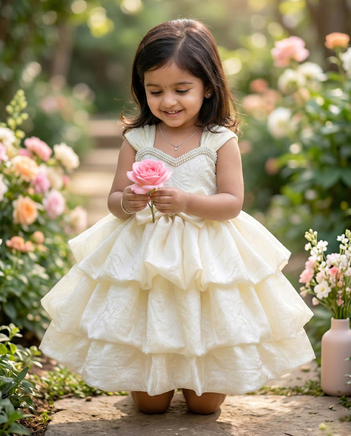 Off-White Shade Partywear Western Style Premium Silk Layer Frock – photo 3 – Stanwells Kids