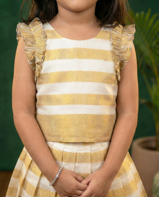 Cream handloom kasavu lehenga choli front view – Stanwells Kids