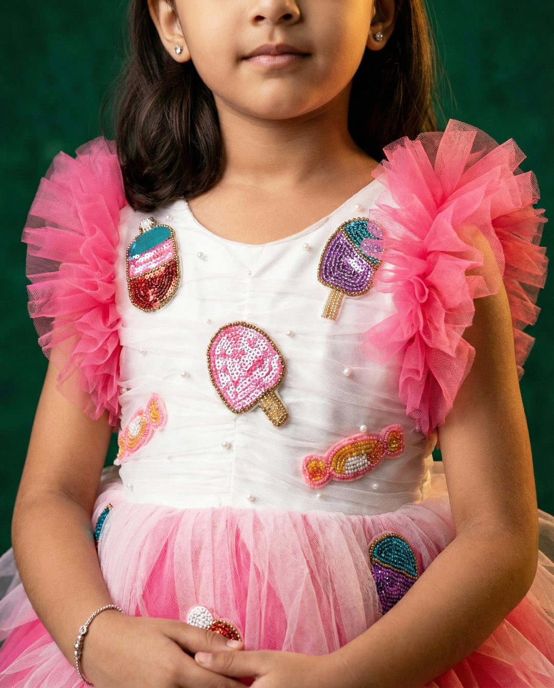 Peach and White Candy Popsicle Theme Frock – Handworked Applique Birthday Dress for Baby Girls by Stanwells Kids