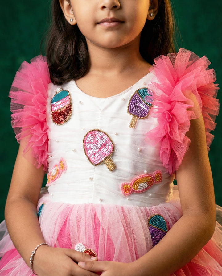 Peach and White Candy Popsicle Theme Frock – Handworked Applique Birthday Dress for Baby Girls by Stanwells Kids
