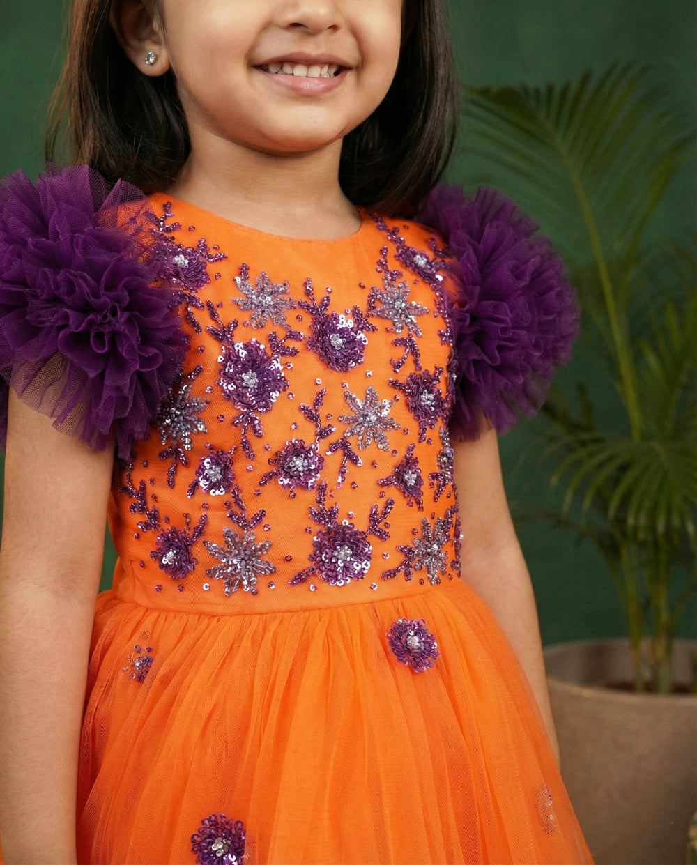 Orange and purple handworked gown for baby girls, ruffle partywear, designer birthday dress, Stanwells Kids