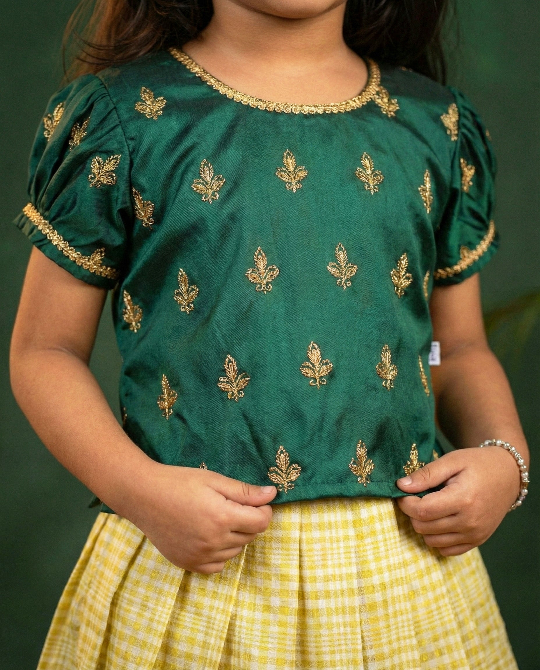 Bottle Green & Cream Kasavu Lehenga | Baby Girls Birthday Dress
