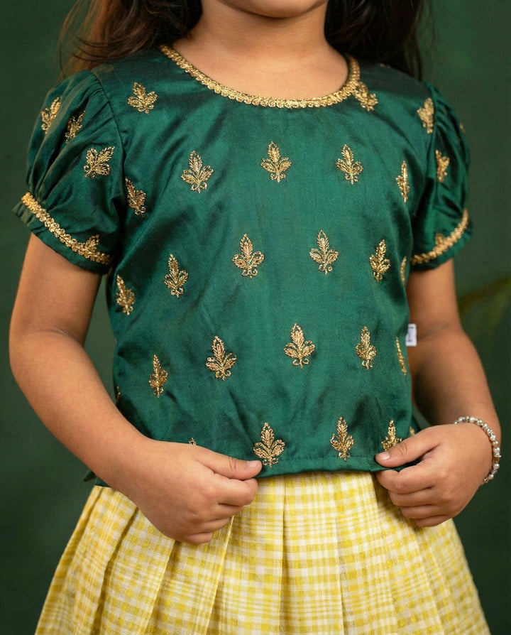 Bottle green kasavu lehenga choli front view – Stanwells Kids