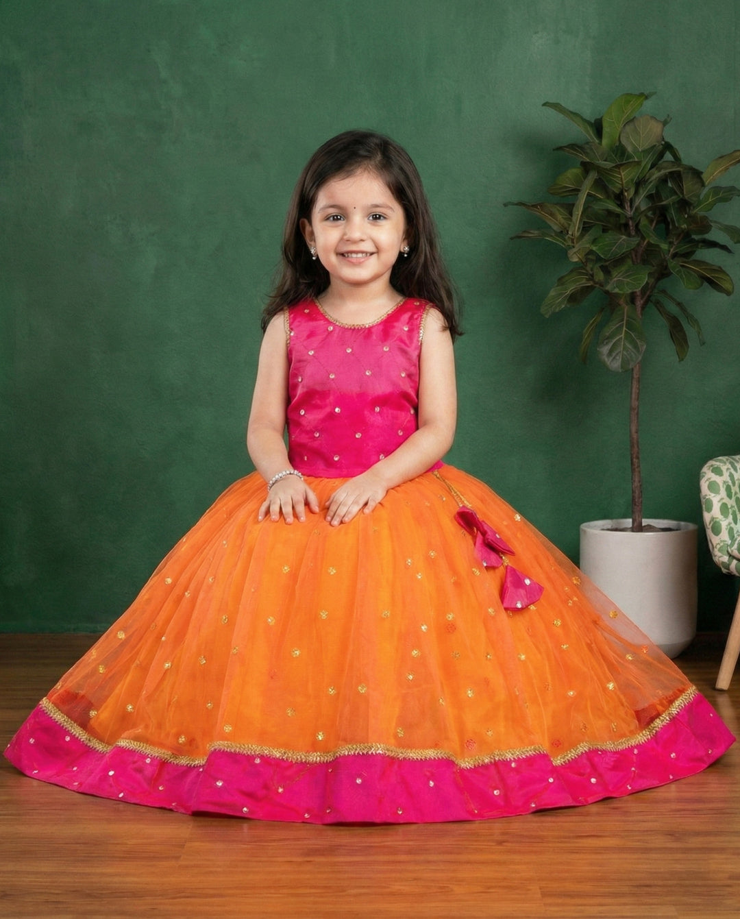 Orange and magenta South Indian dress for baby girls, traditional birthday dress, ethnic frock, kids festive wear, Stanwells Kids ethnic collection