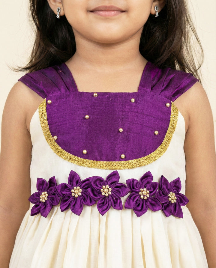 Cream purple kasavu handloom frock front view – Stanwells Kids