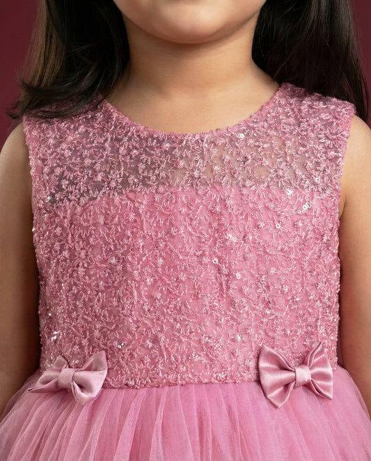 Light peach ruffles birthday frock back view – toddler party dress India