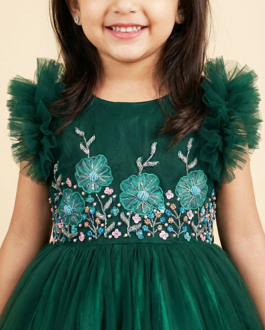 Bottle green heavy ruffled gown front view – Stanwells Kids