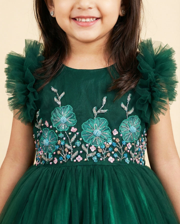 Bottle green heavy ruffled gown front view – Stanwells Kids