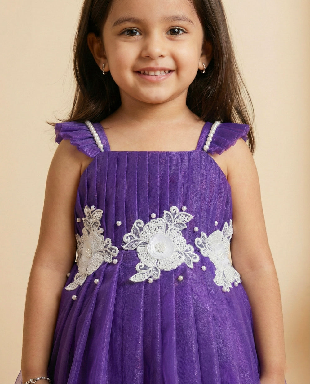 pastel violet birthday frock for baby girls, shimmer net flower applique dress, baby girl party wear, toddler birthday dress India, Stanwells Kids