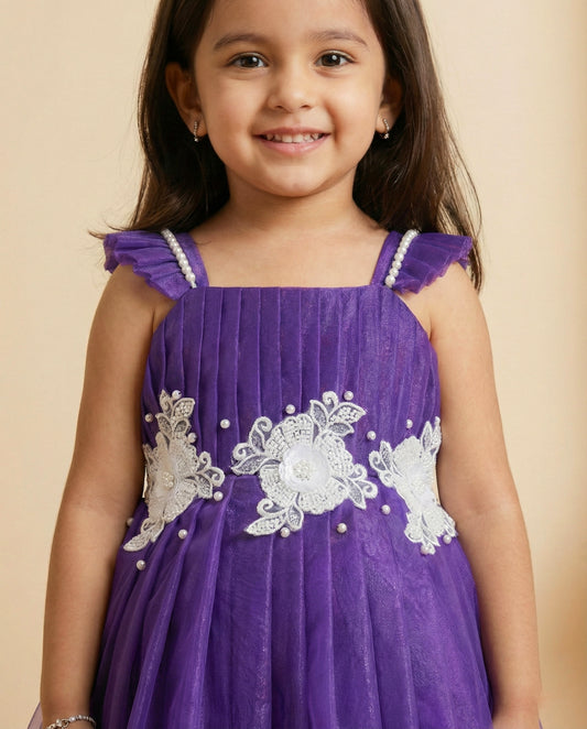 pastel violet birthday frock for baby girls, shimmer net flower applique dress, baby girl party wear, toddler birthday dress India, Stanwells Kids