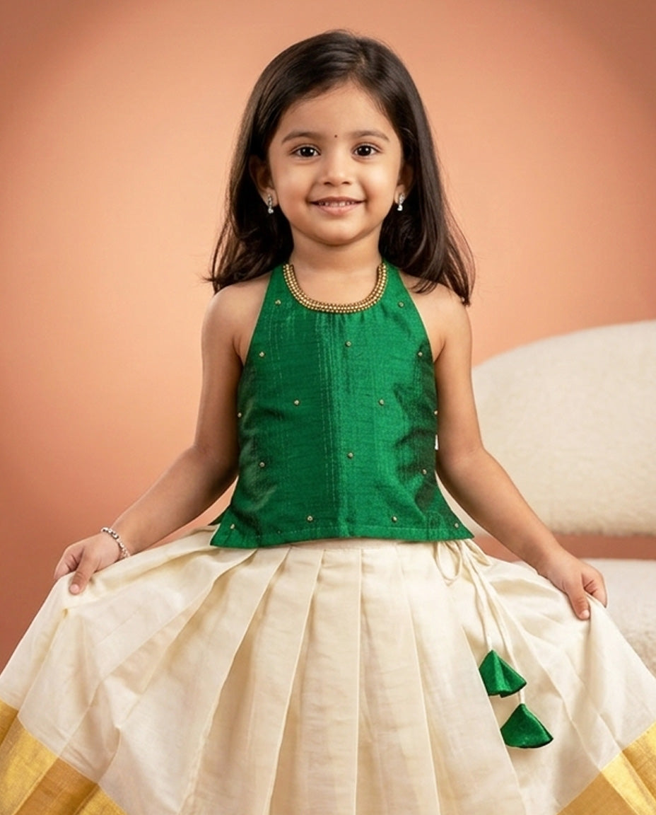 green handwork lehenga choli for kids, kids onam special dresses, onam 2024, kerala kasavu dresses for kids, kettudupu for kids, kids pattu pavadai