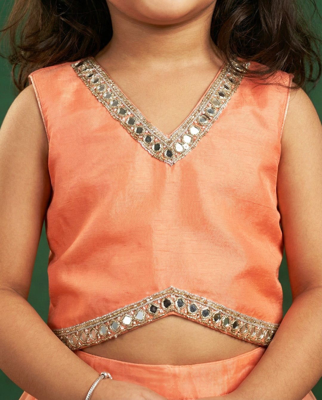Coral twill net lehenga choli front view – Stanwells Kids