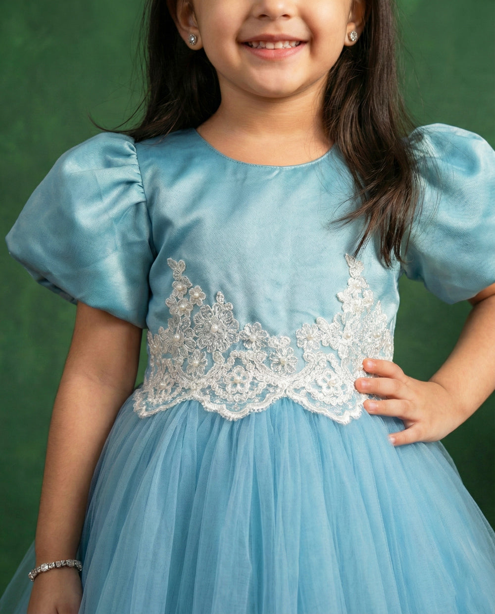Pearl blue applique handwork Cinderella gown, baby girls birthday dress, premium kids party wear, designer gown for baby girl, Stanwells Kids dress