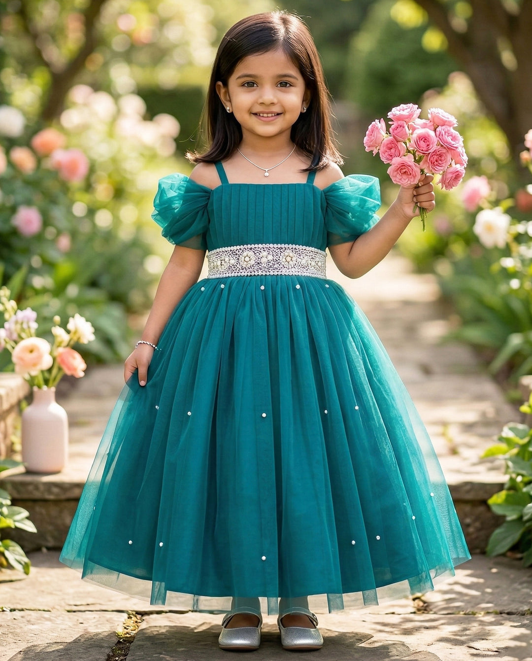 Teal Blue Pearl Handwork Cinderella Gown for Baby Girls, Birthday Dress