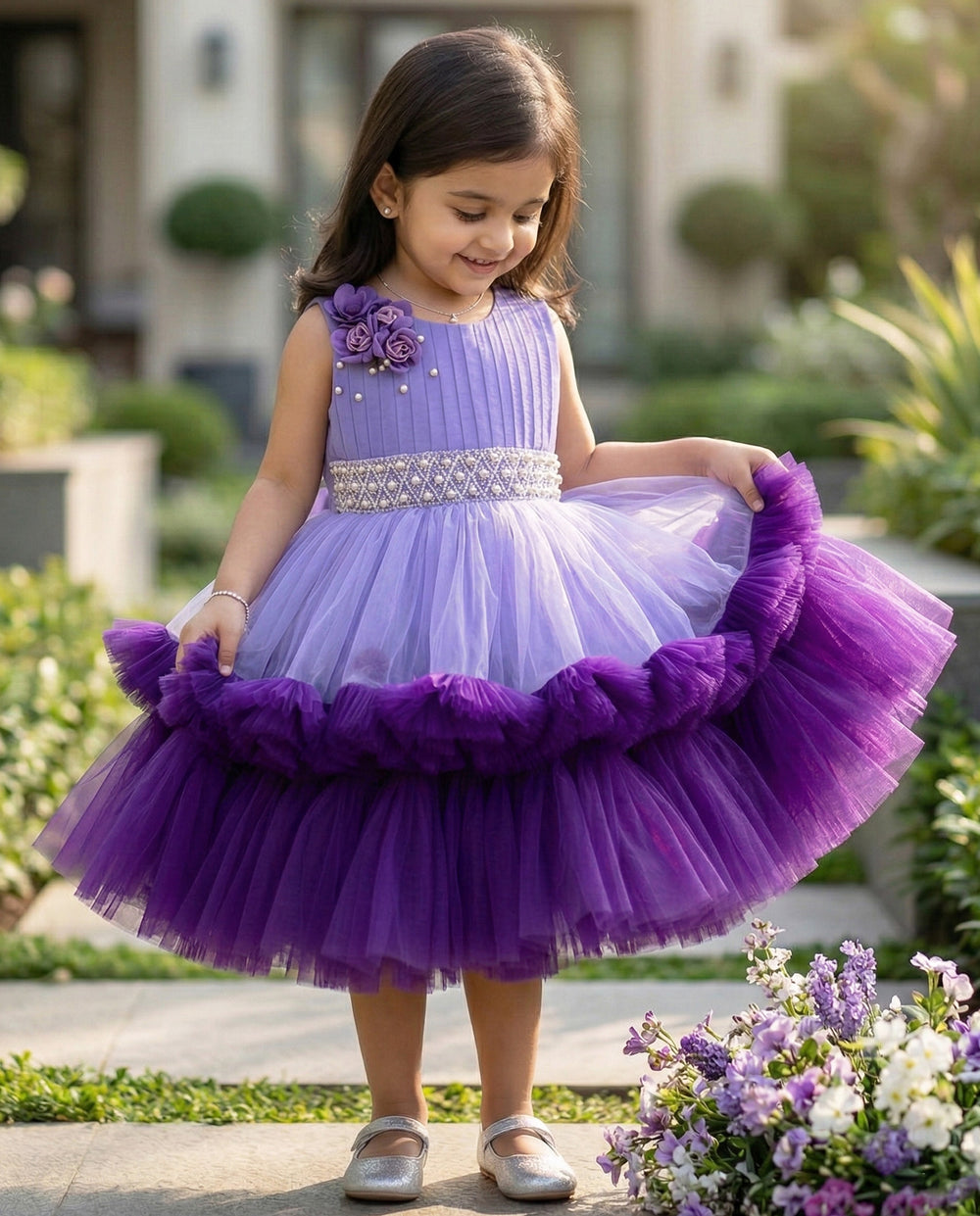 Lavender Violet Pleated heavy Ruffled party Wear Frock Stanwells Kids
