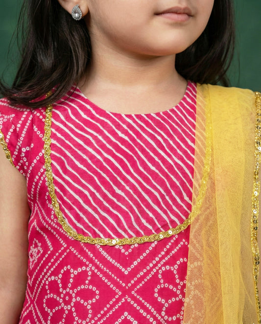 Pink bandhej lehenga choli front view – Stanwells Kids