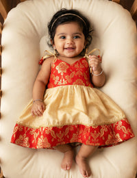 Gold Red Silk Newborn Frock for Baby Girl Naming Ceremony – Stanwells Kids