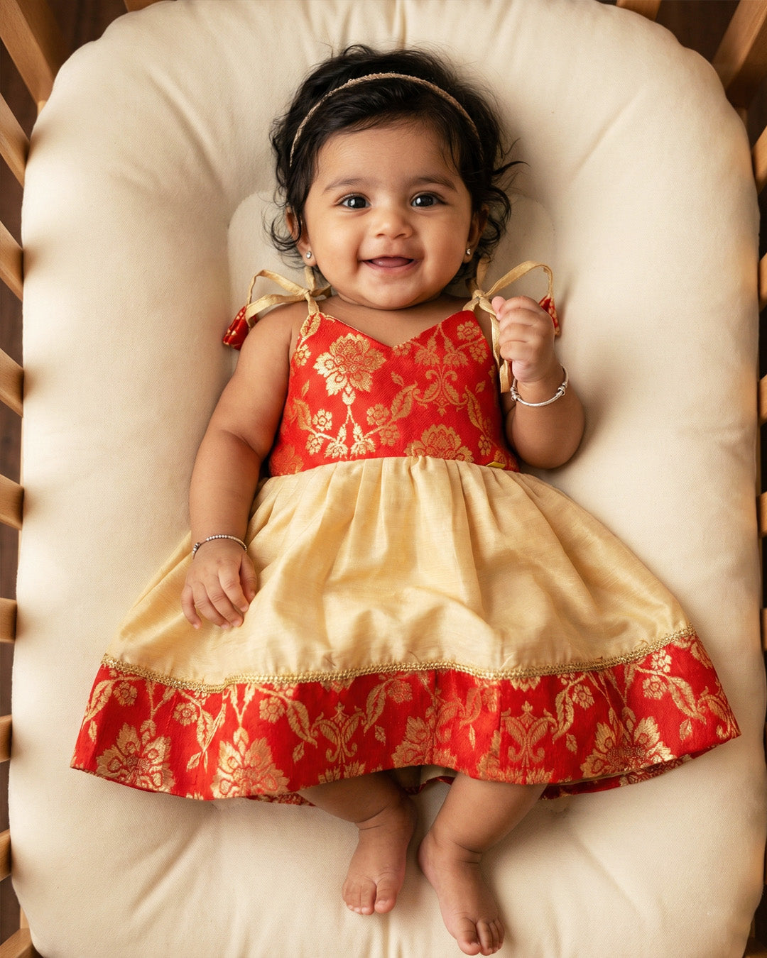 Gold and Red Shade New Born Baby Silk Frock for Naming Ceremony
