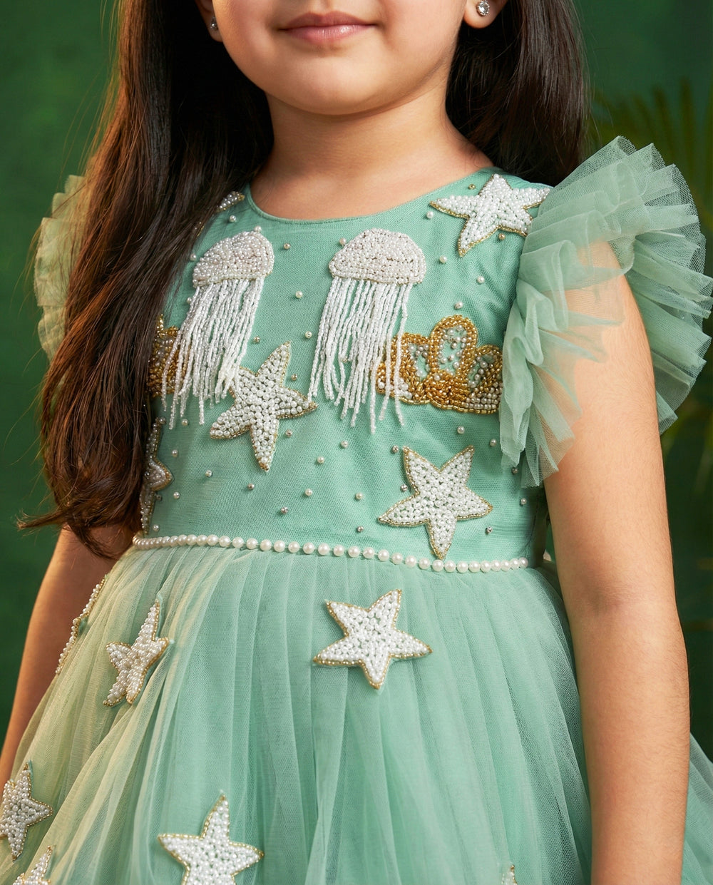 Mermaid theme baby girls birthday dress, pastel green sea life embroidered frock, heavy partywear birthday outfit