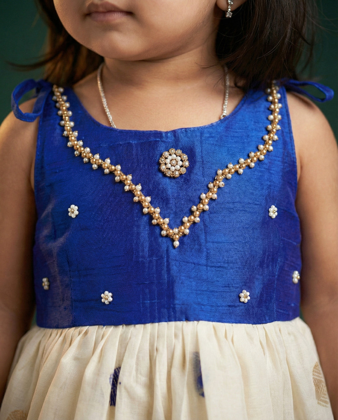 Royal Blue and Cream Kerala Handloom Baby Girl Birthday Dress with Embroidery

