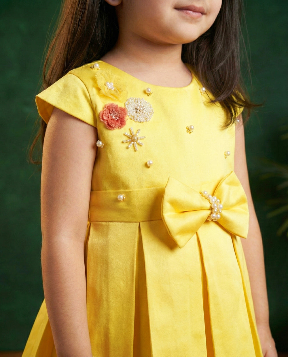 Baby yellow silky satin baby girl birthday dress, western style frock, box pleated birthday dress, kids party wear outfit for girls