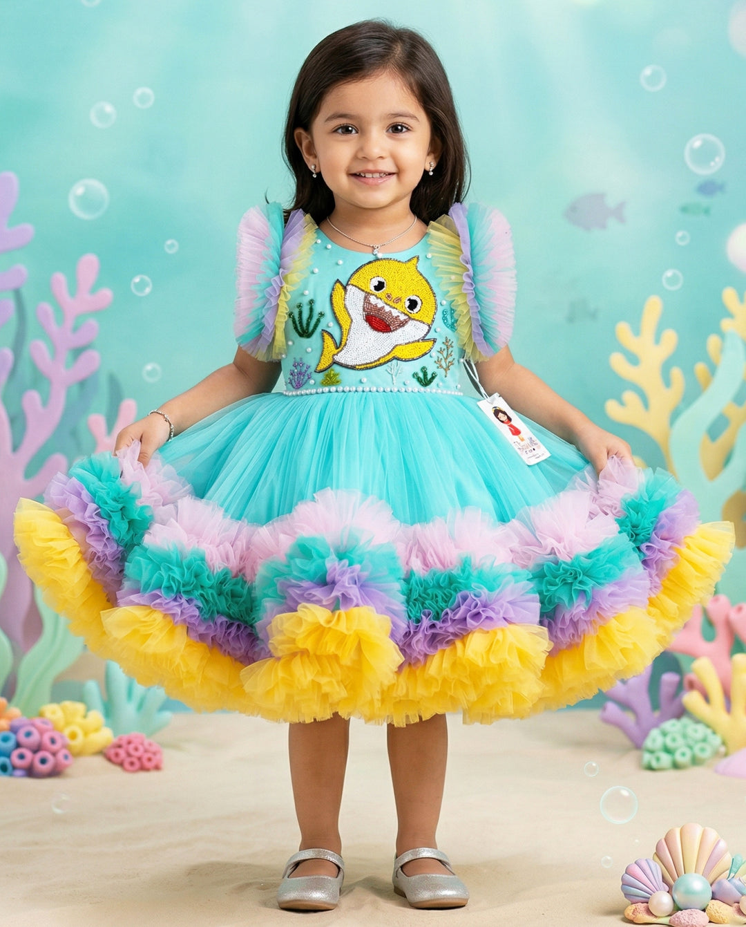 baby shark, designer frock for baby girls, kids clothing, partywear collections baby, 1 year birthday, handwork frocks, multi colour layer frock india
