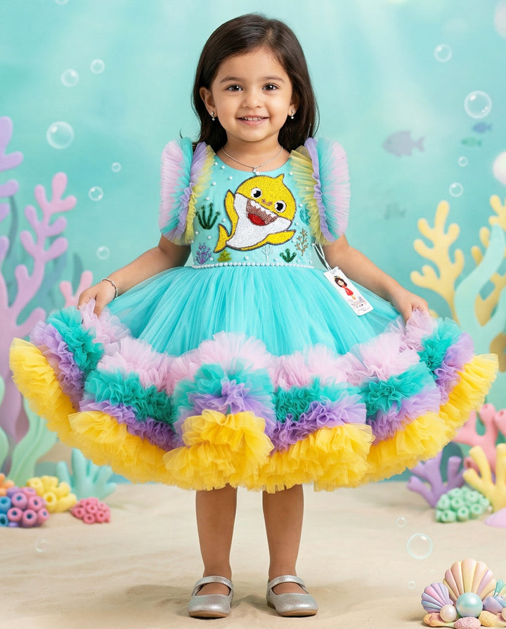 baby shark, designer frock for baby girls, kids clothing, partywear collections baby, 1 year birthday, handwork frocks, multi colour layer frock india