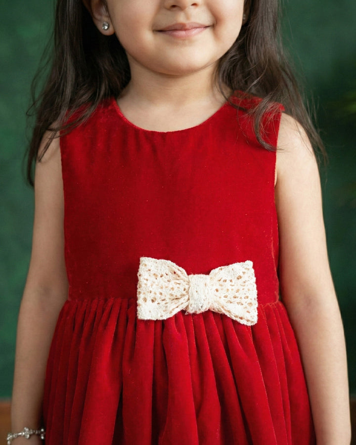 Red Shade Crochet Velvet Knee Length Bow Frock