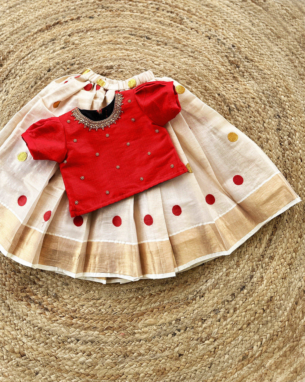 Kerala Kasavu & Red Combo Handwork Baby -Girls Traditional Silk Leheng