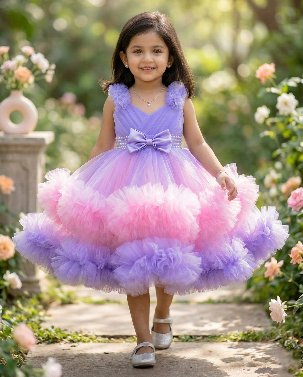Lavender and Baby Pink Ruffled Birthday Frock – Partywear Dress for Girls by Stanwells Kids