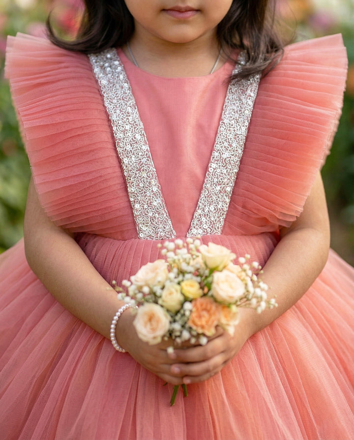 Blush coral V-cut handwork yoke birthday frock front view – Stanwells Kids