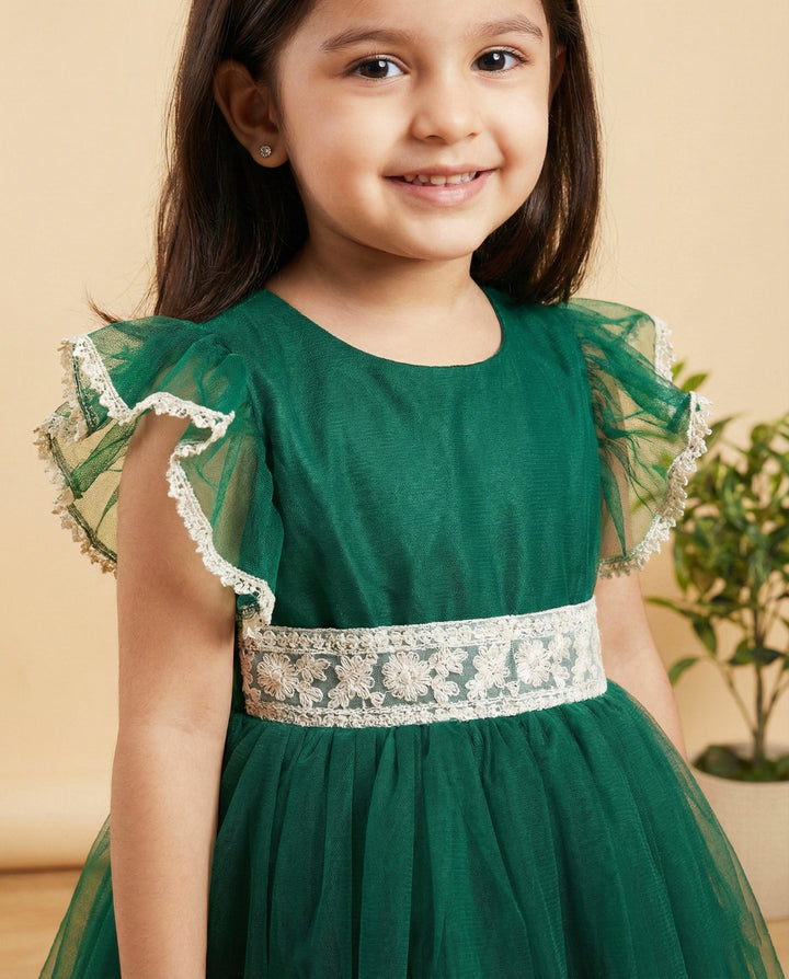 Bottle green baby girl birthday dress, party wear frock, toddler dress