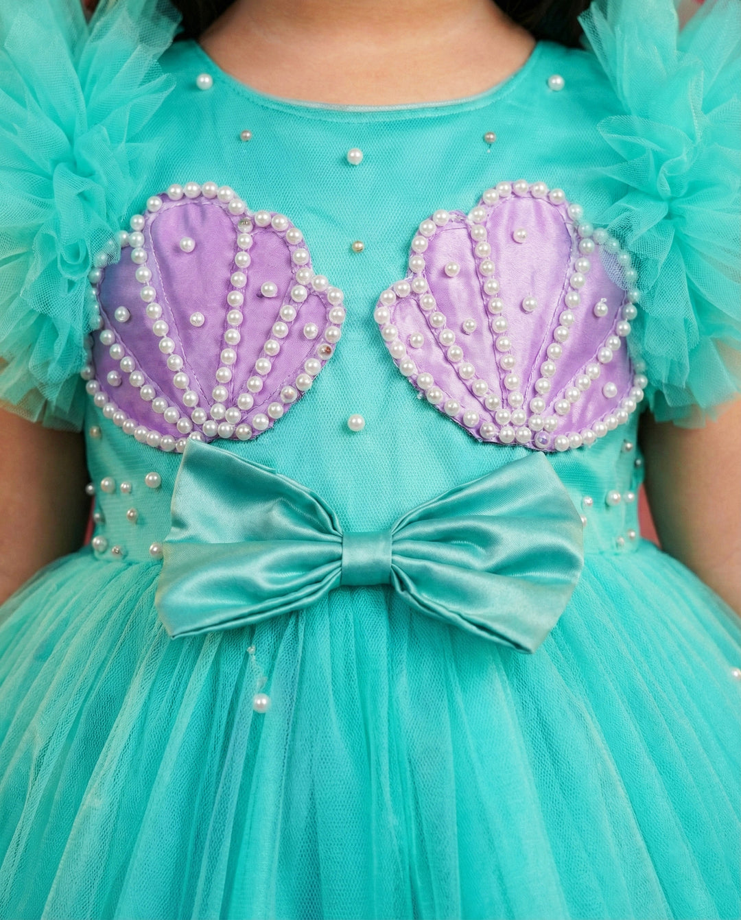 Sea green lilac combo baby girl birthday dress, sea shell theme gown, ruffles party wear frock, kids birthday outfit for girls