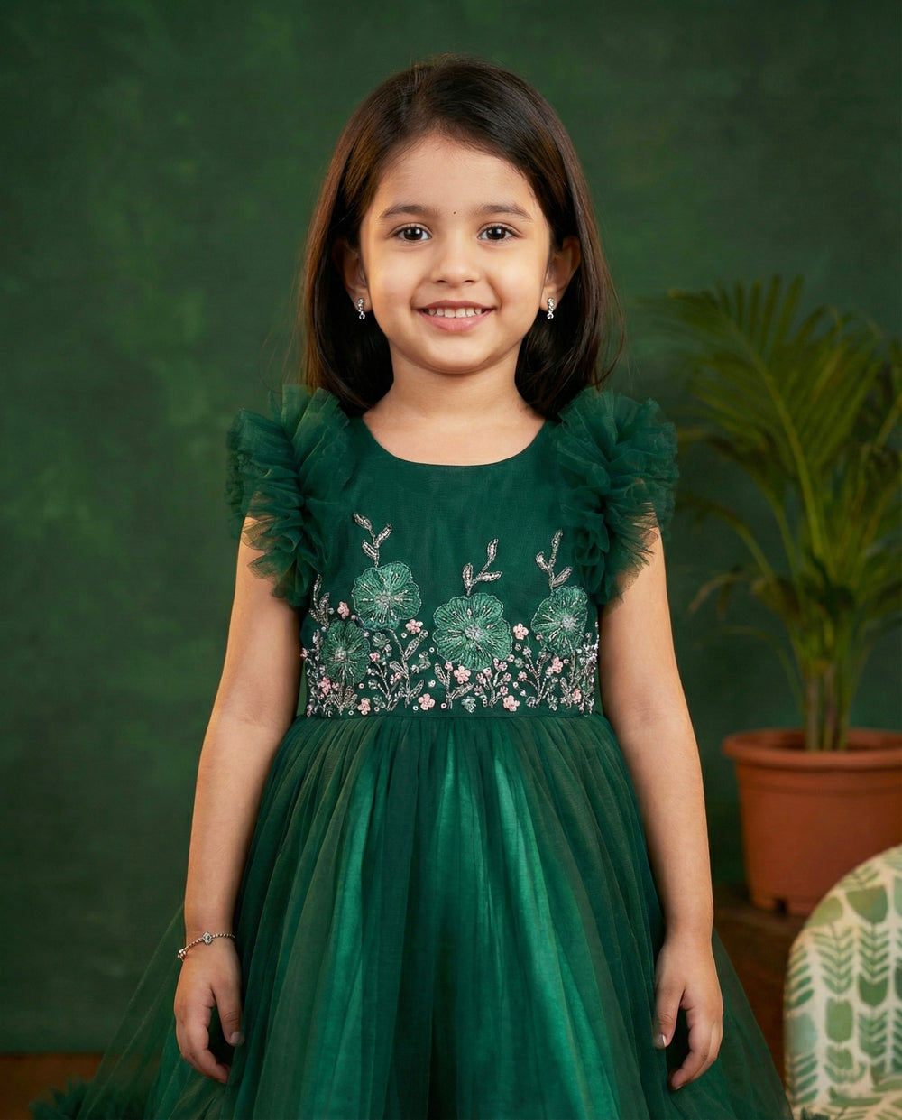 Bottle Green Handcrafted Gown – Heavy Work Partywear Birthday Dress for Baby Girls by Stanwells Kids